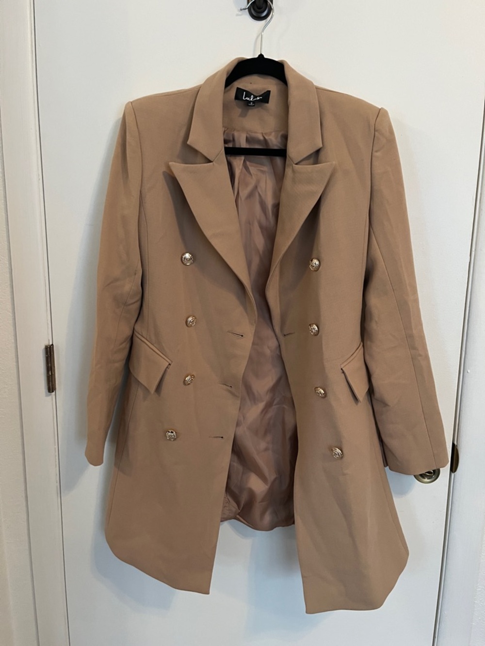 Lulu's Camel Double-Breasted Pea Coat with Gold Buttons
